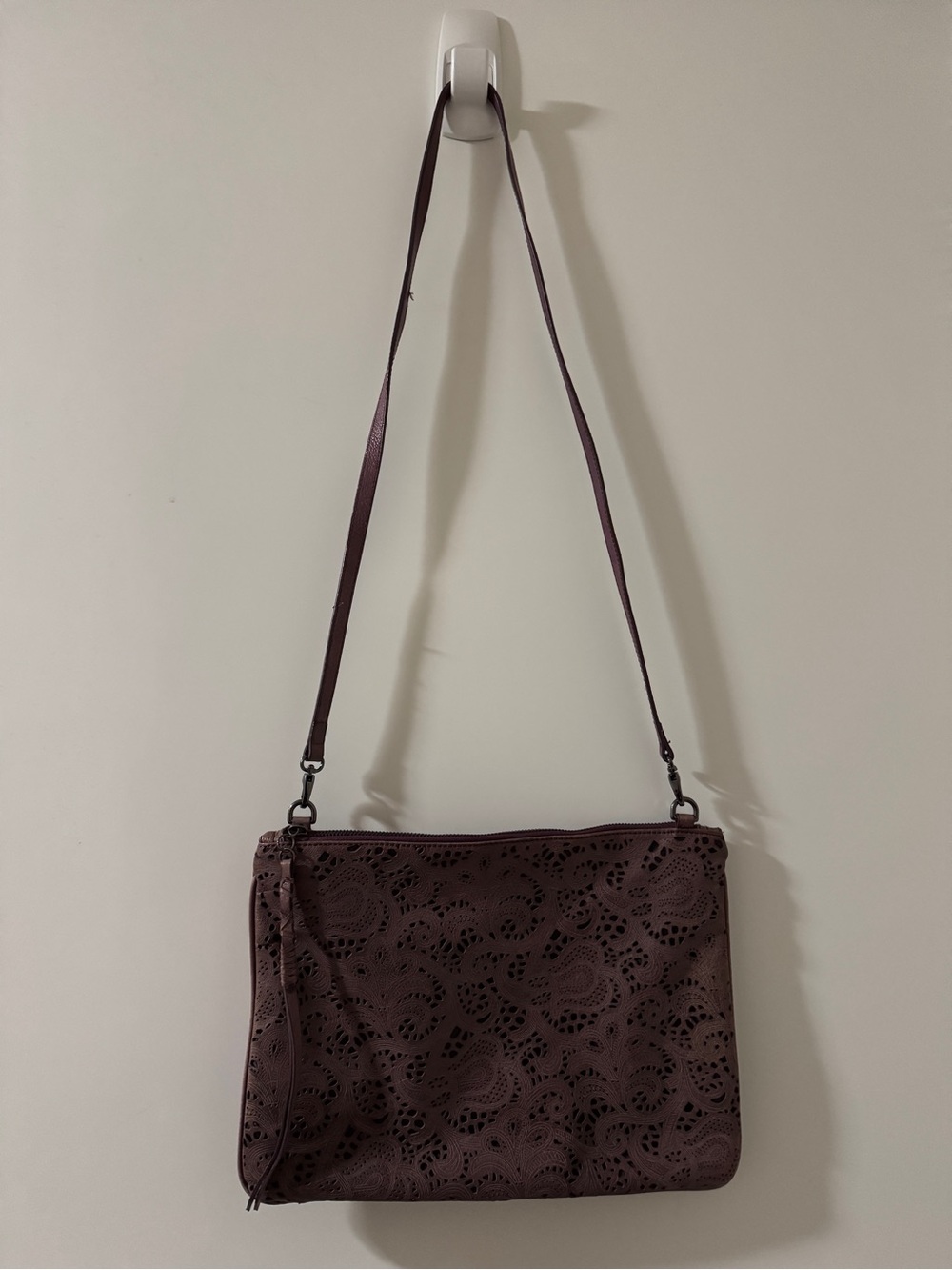Danier Plum Laser-Cut Floral Crossbody Bag